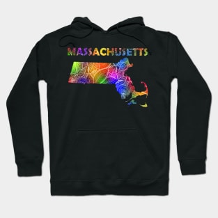 Colorful mandala art map of Massachusetts with text in multicolor pattern Hoodie